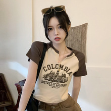 辣妹V领短袖T恤女夏季2025新款甜辣美式复古设计感短款学生上衣潮