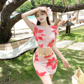 新款分体比基尼泳衣女四件套保守小胸显瘦性感纯欲网红风海边度假