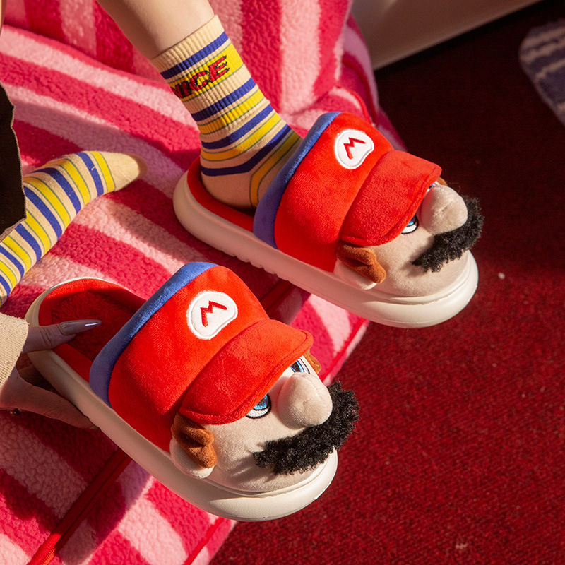 Super Mario Mario Cotton Slippers for Men 2025 Autumn and Winter New Style Bag Heel Fleece-Lined Thickeneded Warm Home Cotton Shoes