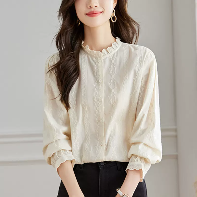 厂家直销 法式木耳边纯棉设计感小众衬衣秋装新款女装高级感衬衫