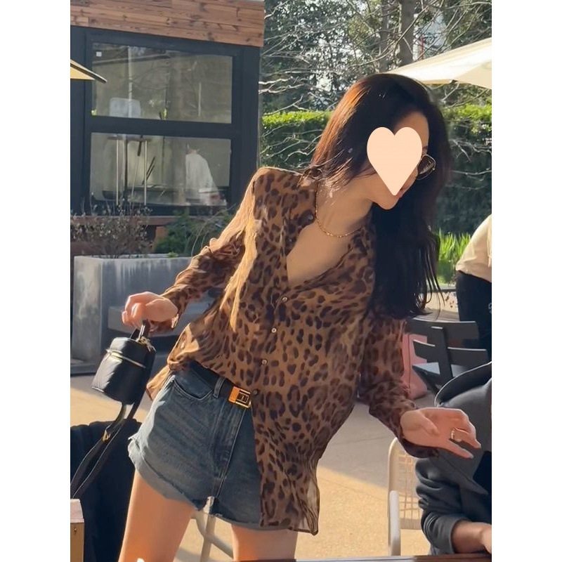 ヨーロッパヒョウ柄長袖シャツ女性の夏薄いルーズシフォンシャツデザインレトロ気質トップ|undefined
