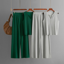 跨境夏季新款简约无袖针织上衣时尚套装休闲阔腿裤两件套女