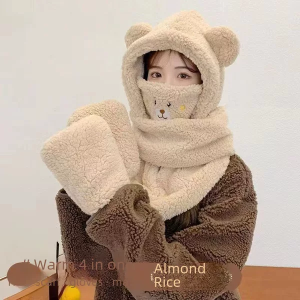 Autumn and Winter Hat New Cute Warm Mask Bear Hat Integrated Neck Scarf Gloves Popular Versatile Plush Four-In-One