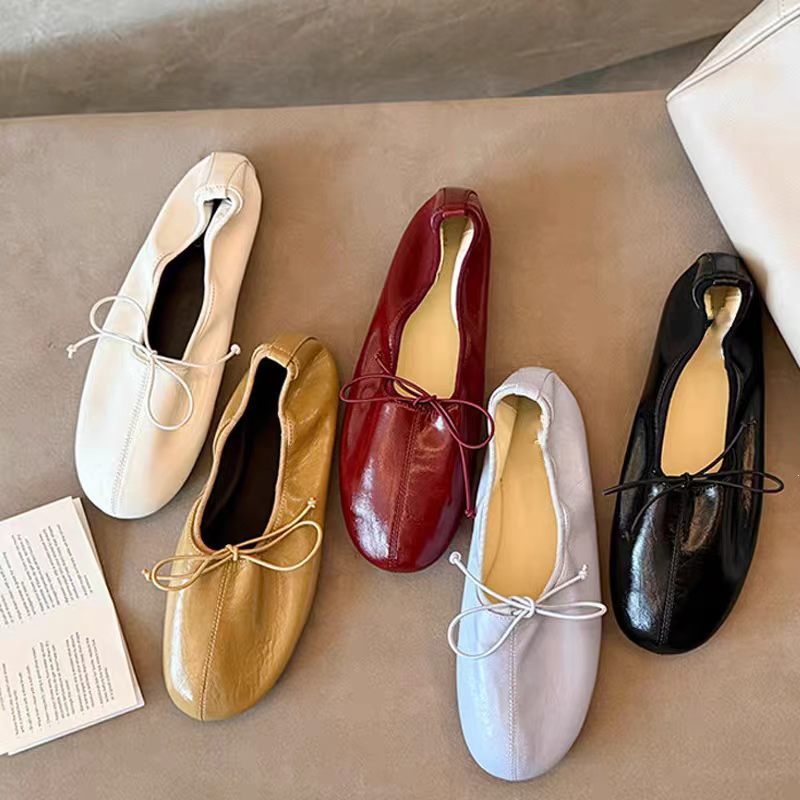 Grape Mom's same style ultra-soft leather women's shoes with bow, flat-soled egg roll ballet slip-ons, casual small leather shoes