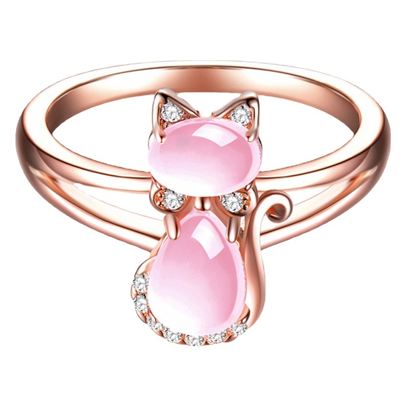 Fashionable Pink Quartz Hibiscus Stone Pendant Cat Earrings Ring European and American Pink Diamond Cute Cat Ring Jewelry Set