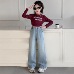 女の子ズボン春秋広脚ズボン2025新型中大童韓国版春ズボン子供デニムストレートパンツ