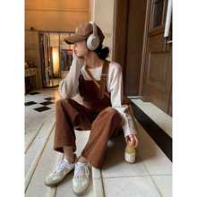 灯芯绒背带裤女秋冬季减龄韩版复古宽松显瘦直筒阔腿长裤连体裤薄