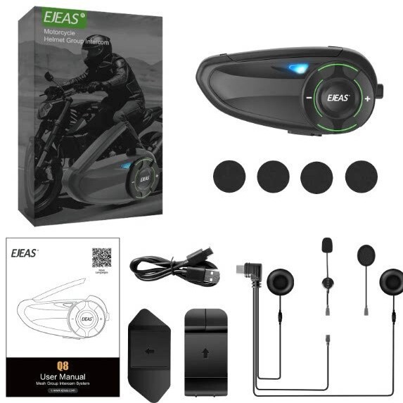 Q8 Motorcycle Helmet Intercom Headset Mesh Networking for 6 People to Communicate Simultaneously with Mixed Audio, Intercom Distance 1500m