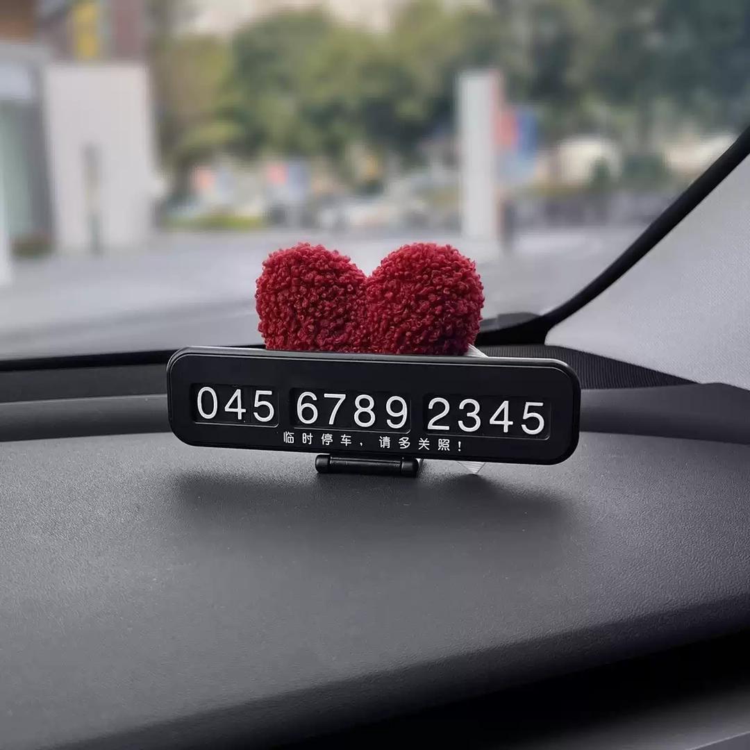 Rose Red Velvet Heart Temporary Parking Number Plate, High-End Car Moving Phone Plate, Creative and Personalized Car Interior Ornaments