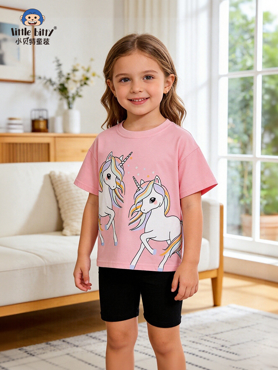 European and American Style 2026 Spring and Summer Children's Short-Sleeve Set with Cartoon Unicorn Print, Round Neck, Two-Piece Set for Girls, in Stock