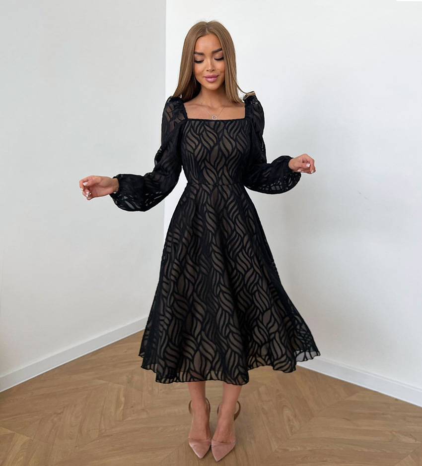 Fashion Solid Color Square Neck Long Sleeve Patchwork Polyester Midi Dress A-Line Skirt