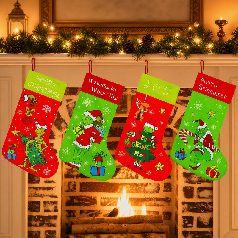 Cross-Border Christmas Grinch Christmas Stocking Green Furry Monster Fireplace Hanging Decoration Christmas Fireplace Decoration Candy Bag Gift Bag Cross-Border Christmas Grinch Christmas Stocking Green Furry Monster Fireplace Hanging Decoration Christmas Fireplace Decoration Candy Bag Gift Bag