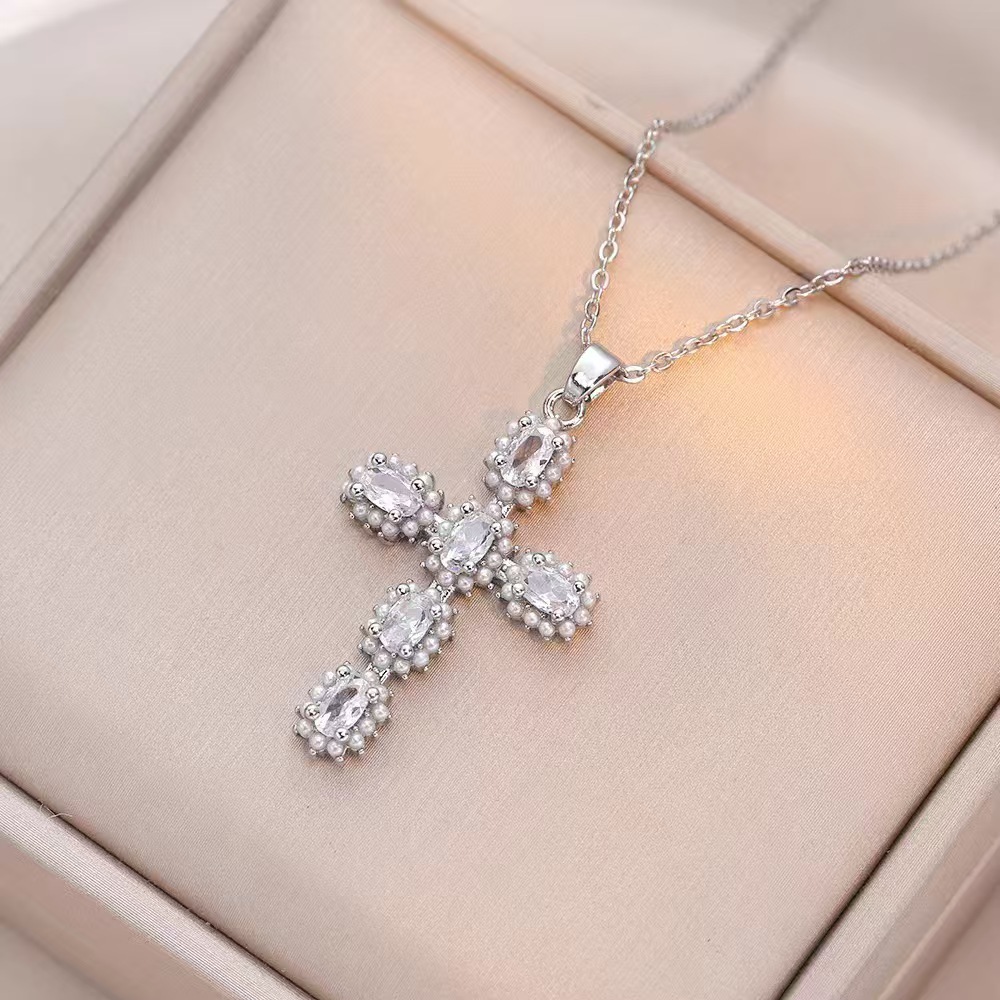 Wholesale Jewelry Shiny Cross Titanium Steel Zircon Inlay Pendant Necklace Cable Chain display picture 35