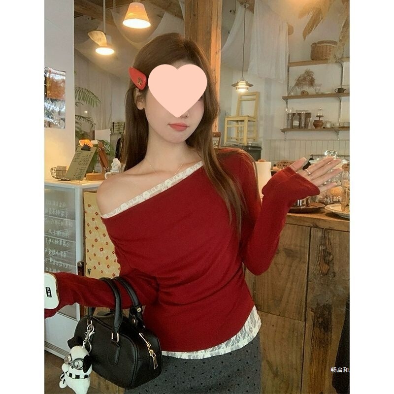 Pure Desire Sweet Lace Splicing Christmas Wear Long Sleeve Shirt Women's Winter Slim Fit Swing Collar One Shoulder Temperament Top Pure Desire Sweet Lace Splicing Christmas Wear Long Sleeve Shirt Women's Winter Slim Fit Swing Collar One Shoulder Temperament Top