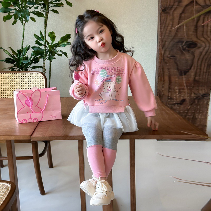 Conjunto de dos piezas para niñas sudadera y leggings falda – estilo casual primavera 2025.