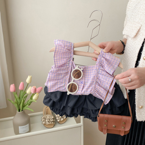 Women's Child Grid Sleeveless Ins Style Trendy Set Children's Set Korean Version Stylish Top Summer Set Two-Piece Thin