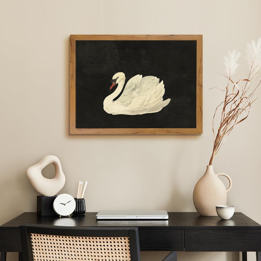 Elegant Swan Retro Art Painting Black and White Swan Background Wall Hanging Painting Antique Style Modern Aesthetic Painting Core