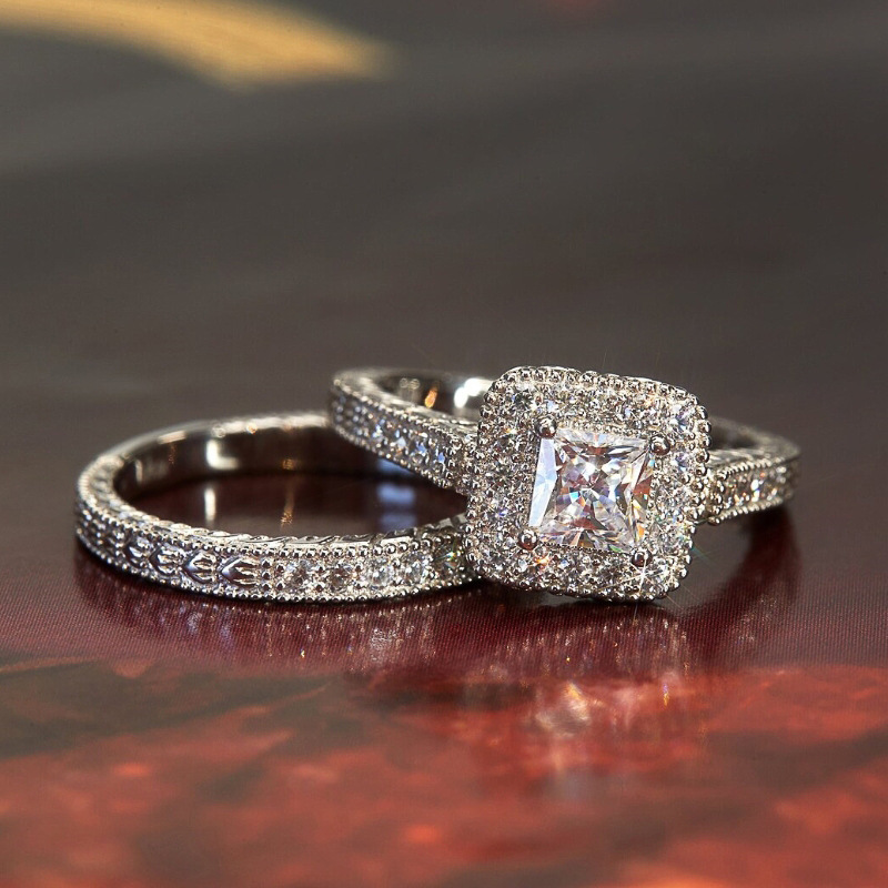 曹市メーカー卸売売れ筋リング女性の幾何学的なライト高級スタイルドレスアクセサリー結婚式婚約指輪 2 点セット|undefined
