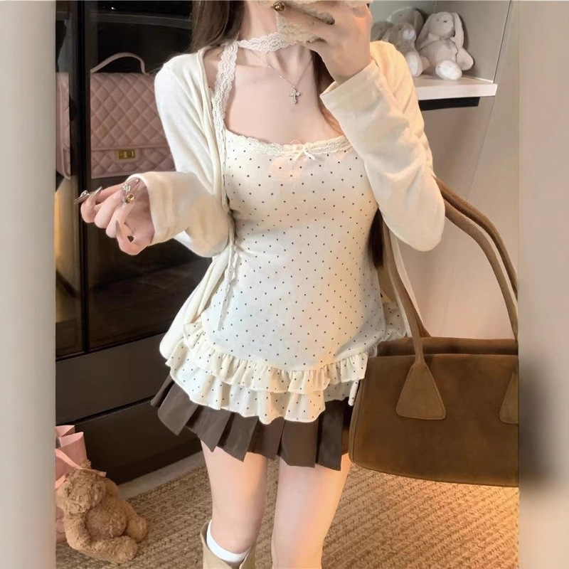 Cocori~Lace Splicing Polka Dot Ruffle Suspender Knitted Cardigan Two-Piece Fashion Suit for Women in Autum