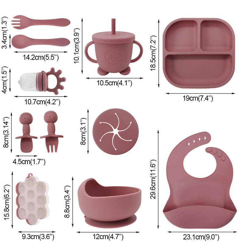 Juego de vajilla de silicona para niños transfronterizos Tazón de comida especial para bebés y niños pequeños Cuchara de silicona de grado alimenticio Juego completo de babero