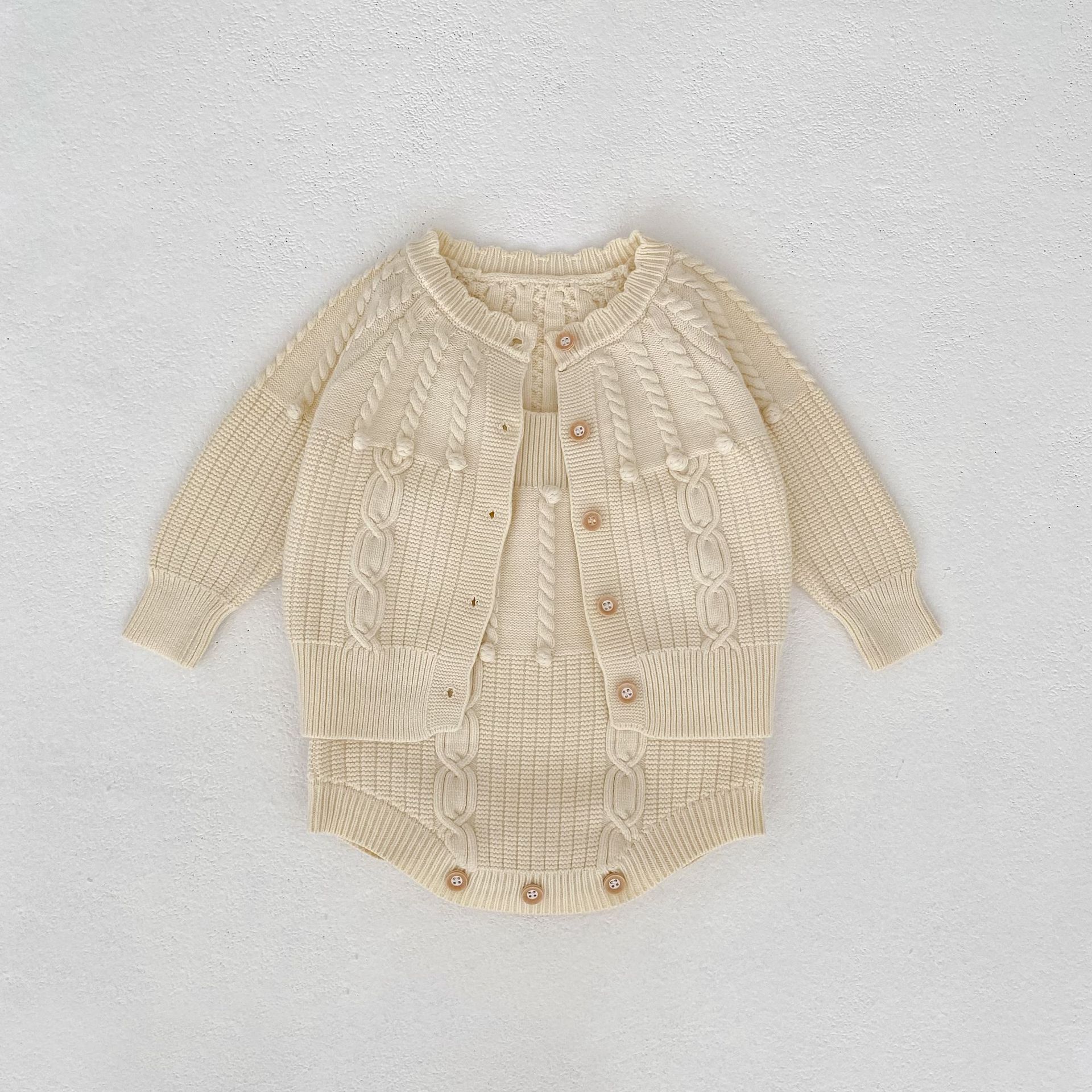 Infant Women's Sweater Hand-hook Bubble Ball Knitted Romper And Coat Two-piece Set