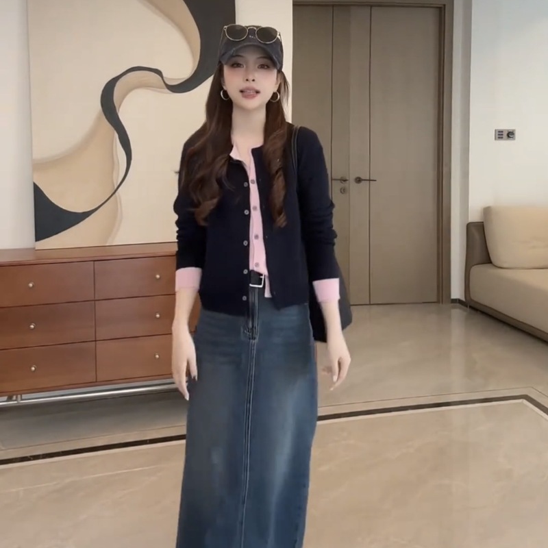 有现货 日常通勤洋气慵懒风宽松百搭显瘦撞色假两件针织衫女|undefined