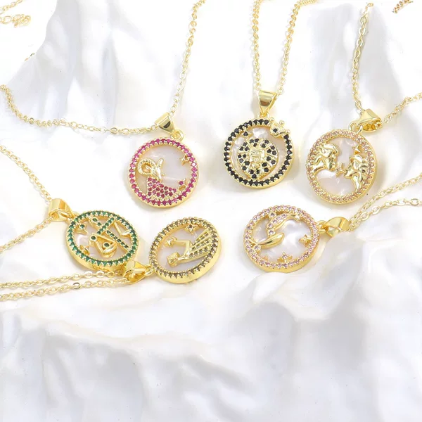 Xi Huan cross-border Hot Products 18K gold protection treasure color pendant copper gold plated round micro inlaid 12 Constellation necklace O sub-chain