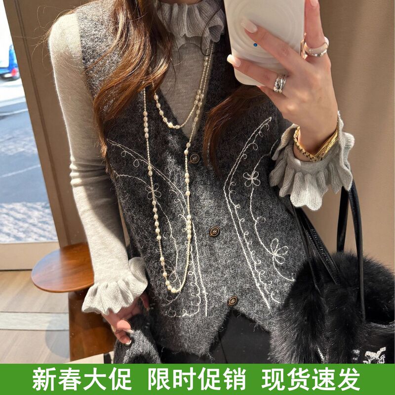 Hangzhou Italian-Style Embroidered Knitted Vest for Women 2525 Autumn and Winter New Retro Floral V-Neck Sweater Sleeveless Top
