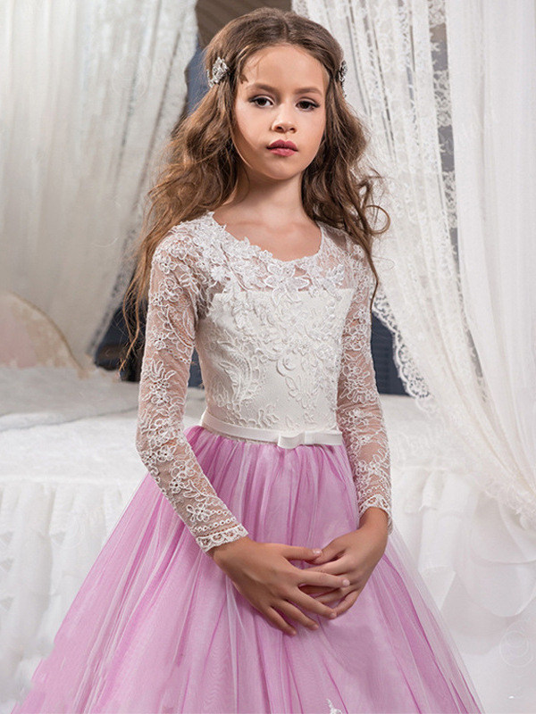Ropa transfronteriza para niños nuevos Comercio exterior Encaje europeo y americano Manga larga Pequeño vestido de novia de niña de flores pequeñas Pettiskirt de niñas