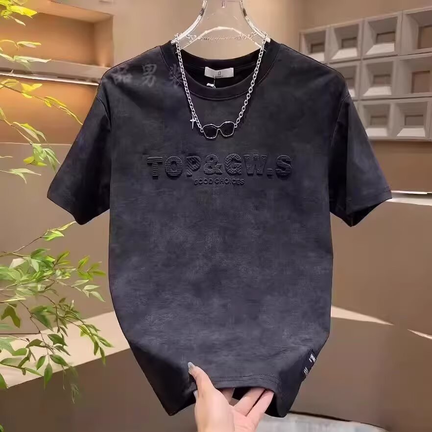 Camiseta de manga corta para hombres de verano, seda de hielo transpirable, nuevo estilo retro jacquard casual, suelto, versátil, cuello redondo, chaqueta de moda