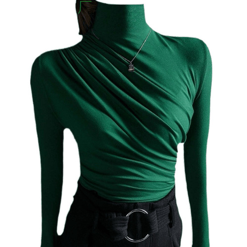 Long-sleeved bottomed shirt, women's autumn dress, semi-high collar, design, pleated, slim and thin shirt, with a foreign-style top for women