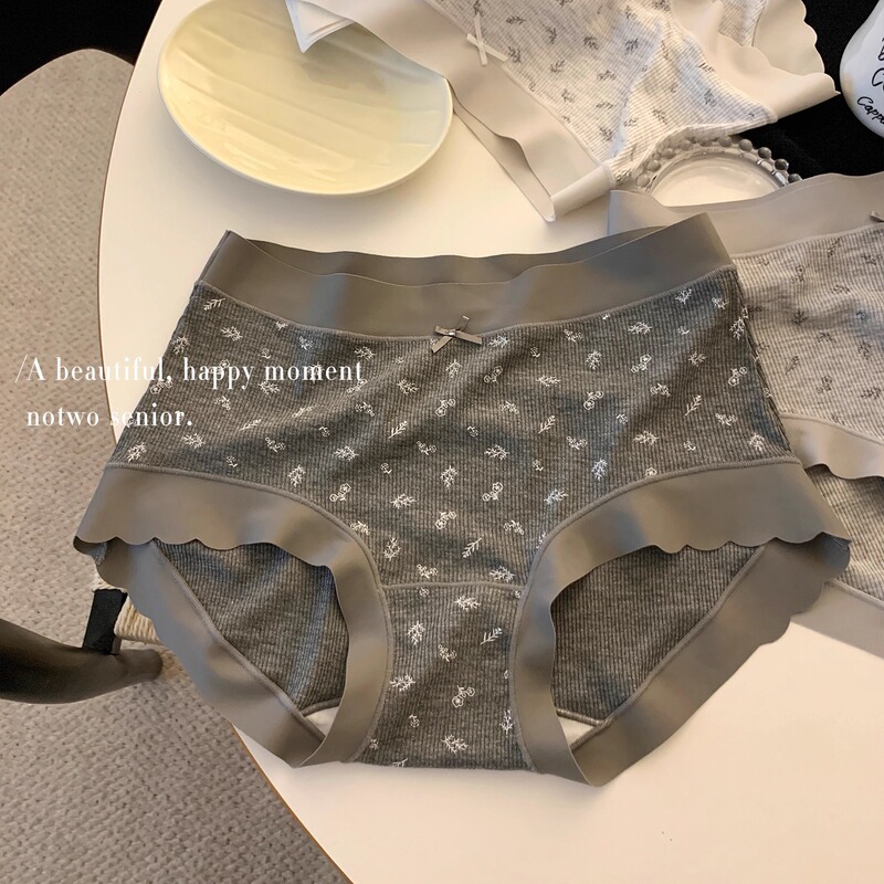 Floral Class a Antibacterial Extended Pure Cotton Crotch Mid-Waist Gray Soft and Comfortable Women's Full-Coverage Briefs