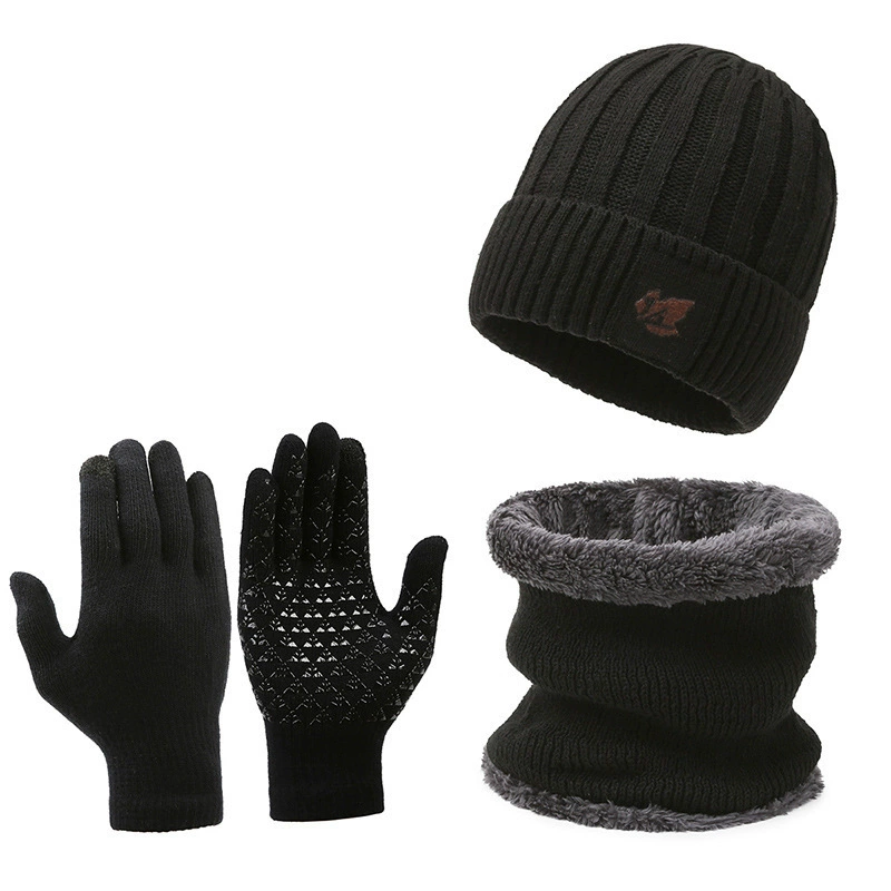 Knitted hat and neck warmer set unisex, 3‑piece with gloves, fleece‑lined, warm winter