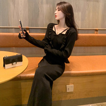 法式黑色小香风针织连衣裙套装女2025新款秋季穿搭开衫长裙两件套