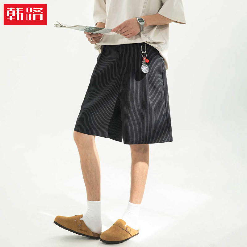 Japanese retro striped casual suit shorts, summer thin mid-length pleated loose simple straight five-point pants Japanese retro striped casual suit shorts, summer thin mid-length pleated loose simple straight five-point pants
