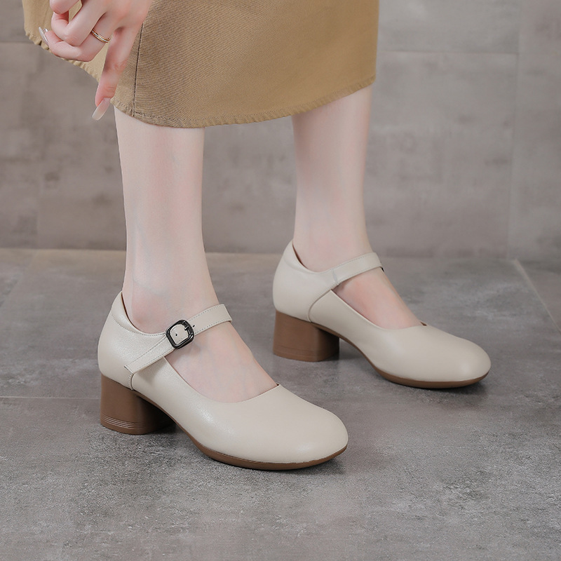 2025厂家头层牛皮黑色职业工作鞋中跟粗跟妈妈鞋一字扣单鞋皮鞋女