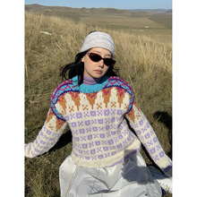 SROOM十三行 纯手工编织羊毛混纺彩色图腾时髦针织衫圆领宽松毛衣