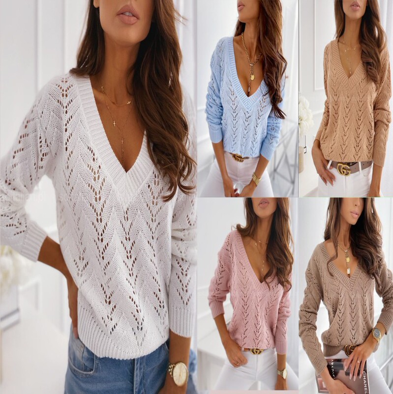 New European and American Hot-Selling Polish-Style Solid Color Mocha Hollow-Out V-Neck Knit Sweater, Short Loose Fit for Layering
