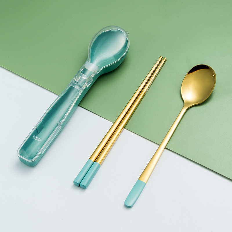 304 vajilla de acero inoxidable conjunto de tres piezas tenedor cuchara palillos estudiante trabajador de oficina de viaje vajilla Flip caja