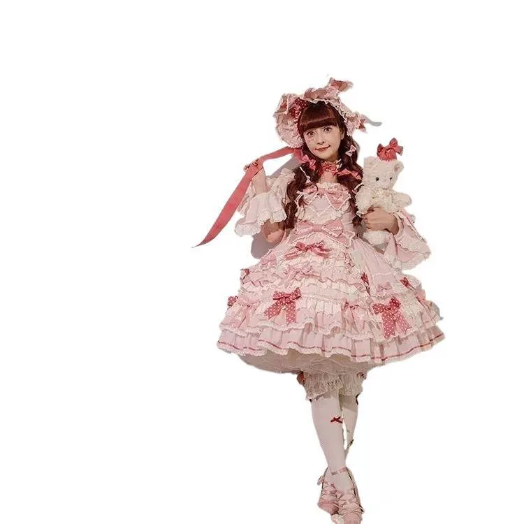 Платье-«one-piece» (Bow Rabbit × Aoki Misa) OP, цветочный и жемчужный декор, розовое лолита