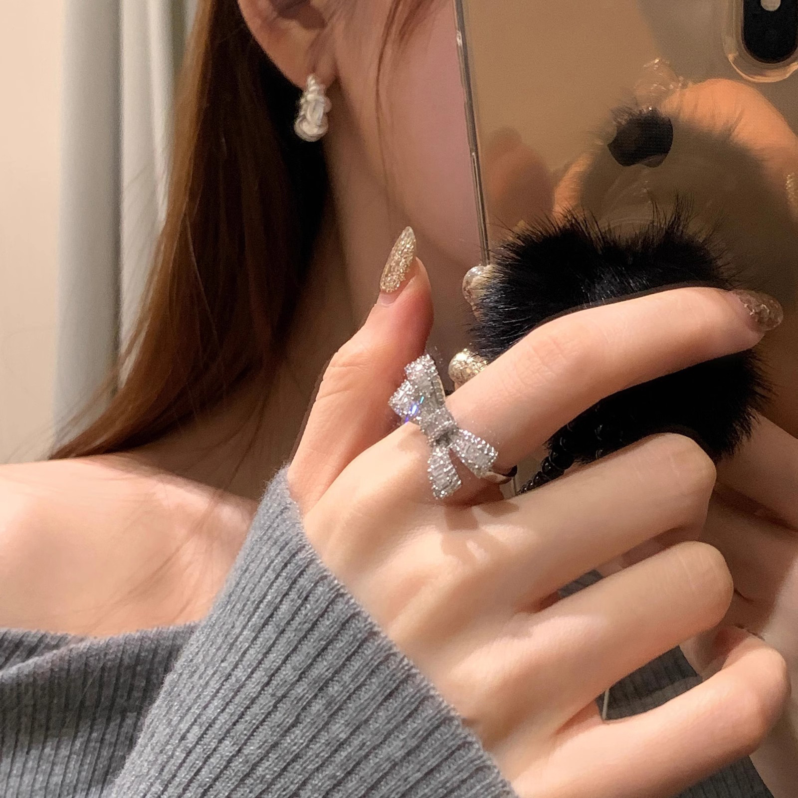 S925 Sterling Silver Micro-Inlaid Zircon Bowknot Sparkling Diamond Ring For Women, Niche High-End Fashion, Adjustable_voghion.com