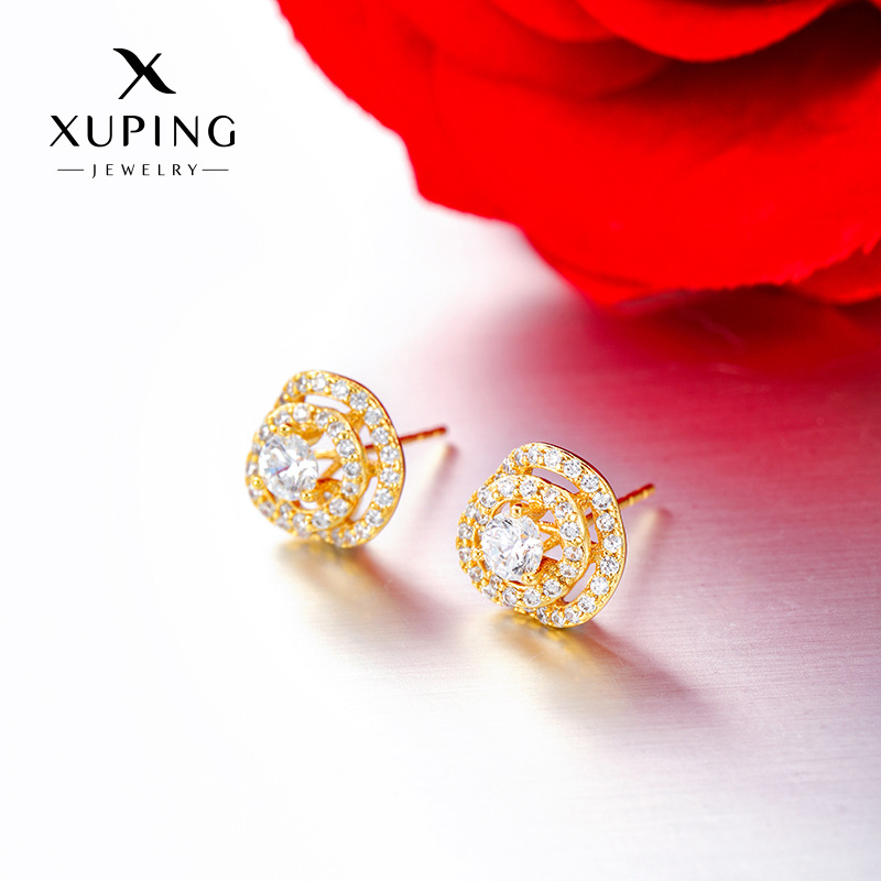 Xuping nueva aleación de cobre chapado 24k incrustado zircón blanco geometría redonda lujosa ligera pernos personalizados image 5