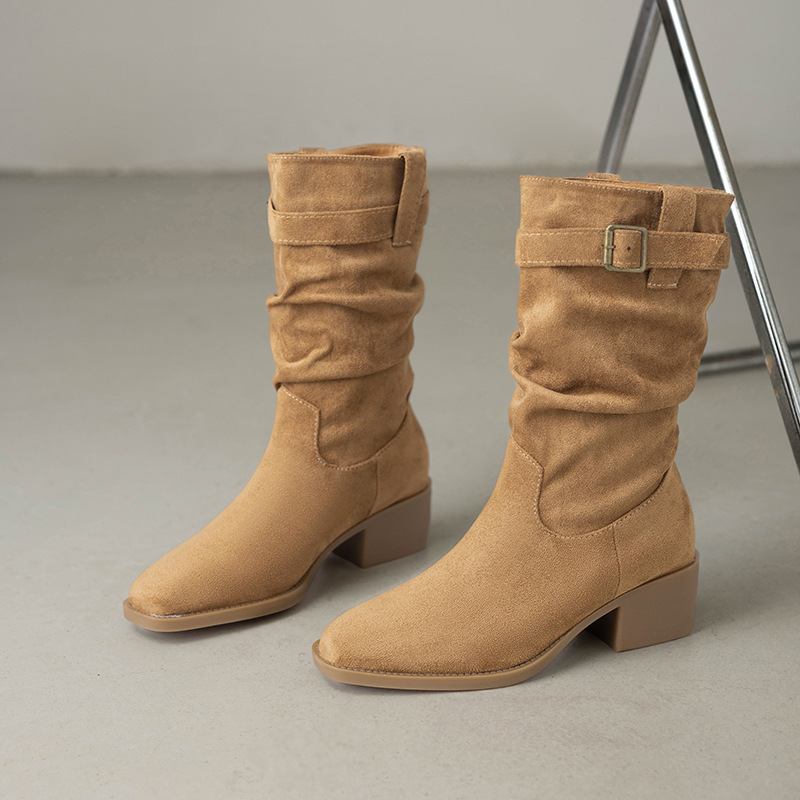Comercio exterior transfronterizo nuevos zapatos de mujer botas de vaquero botas de talón grueso cinturón de hebilla plegable botas de pila de barril corto ocio versátil mujer image 8