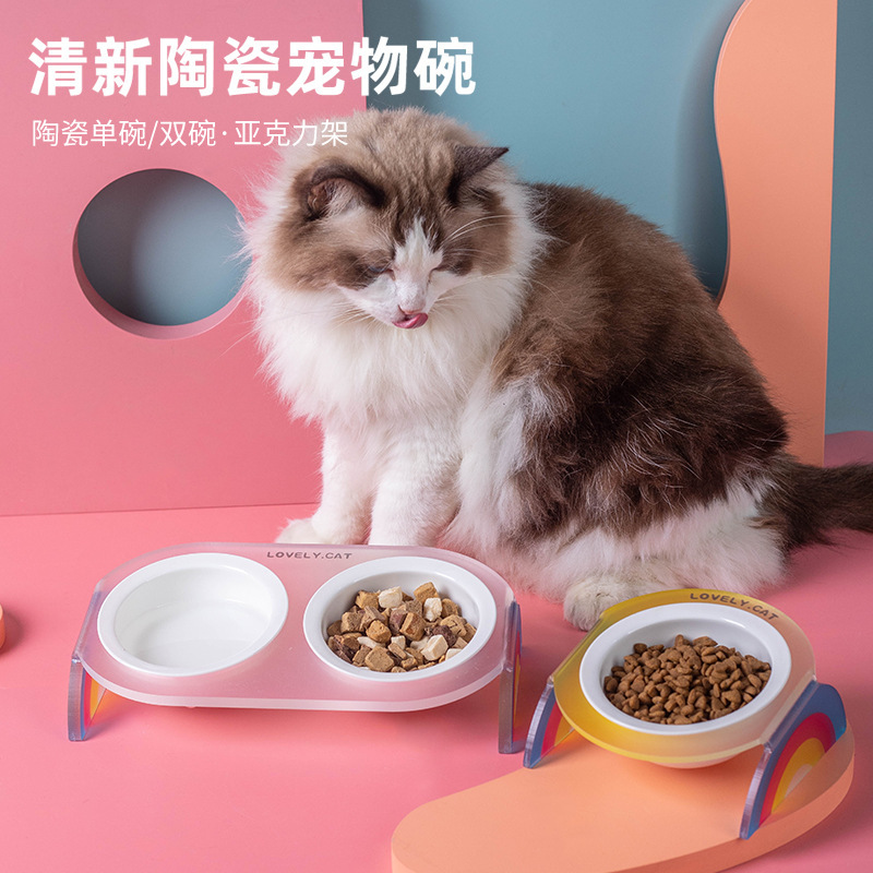 Arco iris acrílico marco de cerámica tazón doble tazón único tazón para mascotas perros y gatos tazón de alimentos tazón de agua de alimentación de agua en el hogar