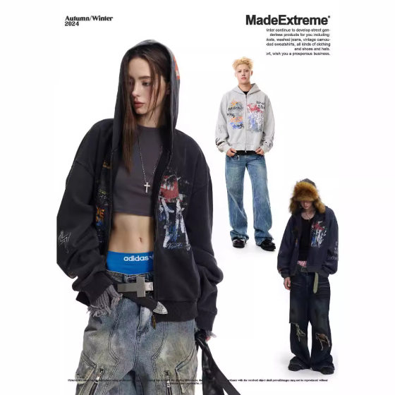MADEEXTREME Street Hip Hop Graffiti Sweater Men's and Women's Spring and Autumn oversize Cardigan Hooded Jacket Tide