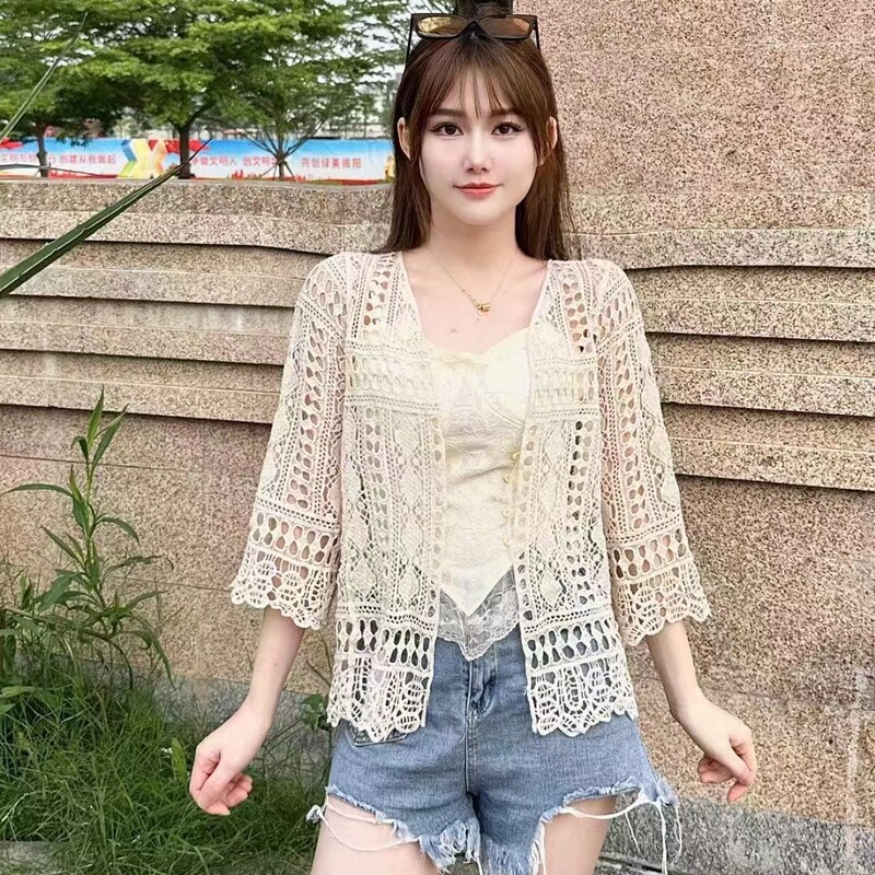 Spring New elegant all-match V-neck design lace stitching hollow loose slimming knitted cardigan women's top Spring New elegant all-match V-neck design lace stitching hollow loose slimming knitted cardigan women's top