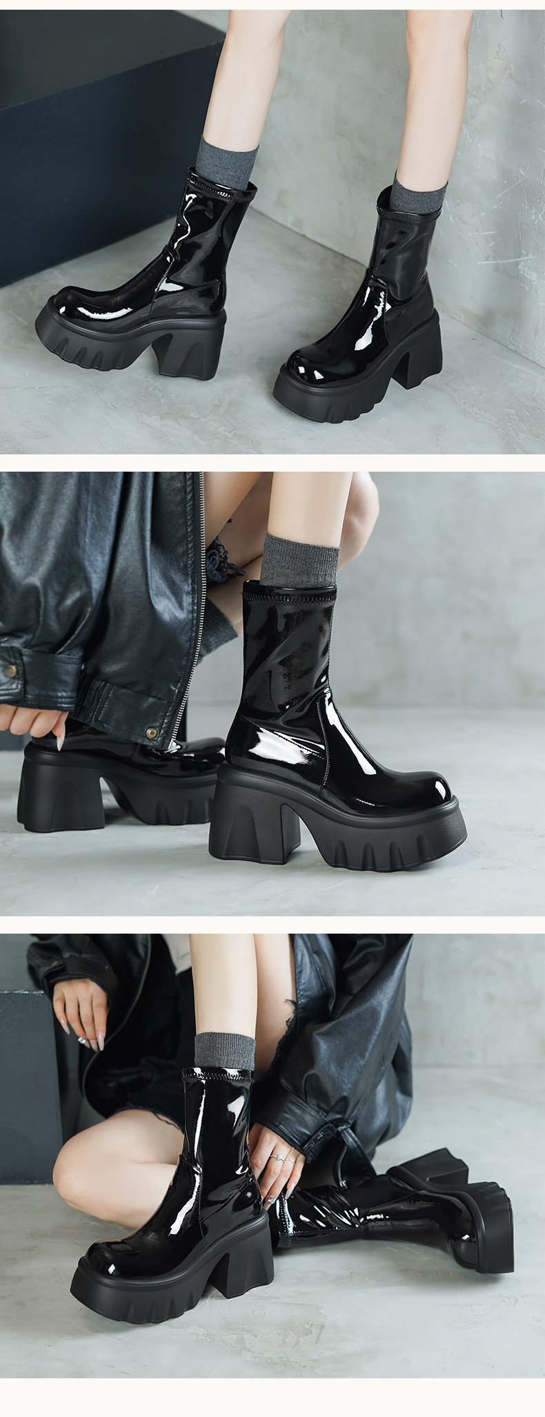 Boot nữ cổ thấp cao gót 10cm da thật đế dày tăng chiều cao mùa thu đông — Lớp lót bằng da bò, Lớp lót bằng da sáng chế chi tiết 5