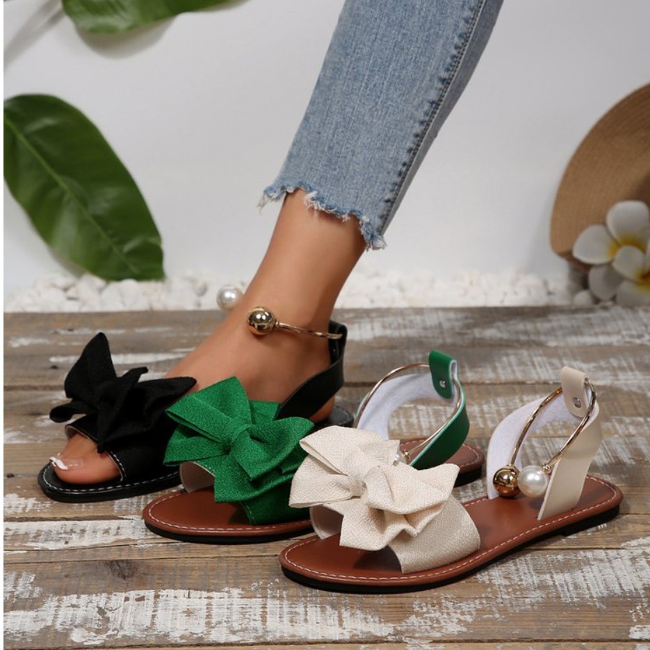 solid color lightweight comfortable casual sandals with bow flat