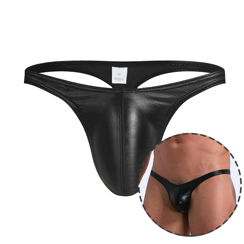 Men's Imitation Leather Thong Shorts Cross-Border Sexy Low-Waist Thong Imitation Leather European Size Wholesale Sexy Men's Underwear