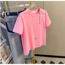 100%纯绵短袖T恤女夏季新款简约粉色时尚设计拉链减龄宽松上衣潮